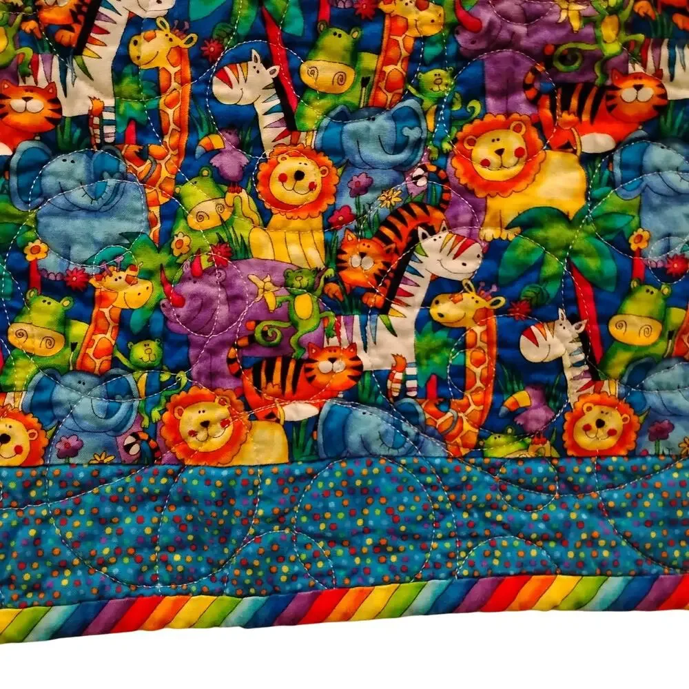 Jungle Buzz Animals Quilt Baby Blanket 44Lx36W Rainbow Bright Cheerful Colors